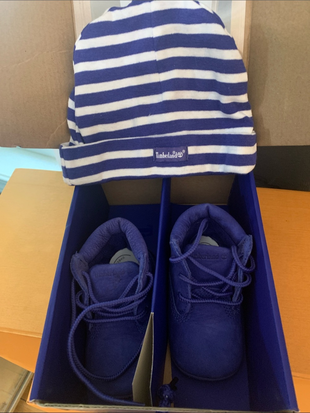 Timberland Kids Purple Suede Boots with Striped Beanie